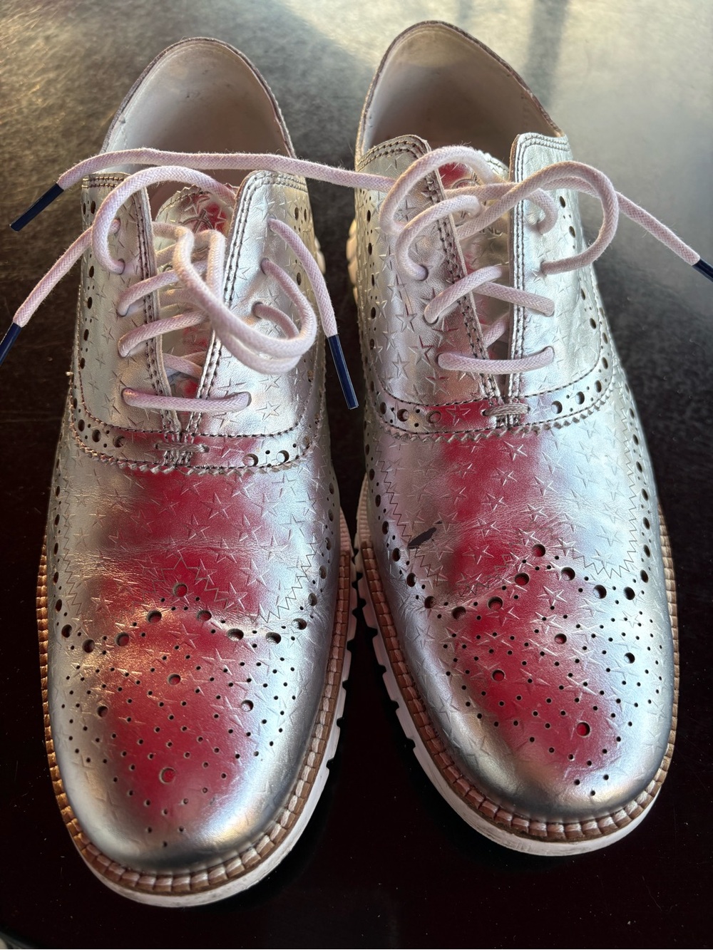Cole Haan Silver Metallic Wingtip Oxfords with Pink Accents